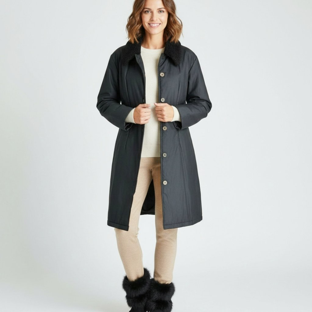 Women's Black Button Front Coat With Faux Fur Shearling Collar Size 6/ M
